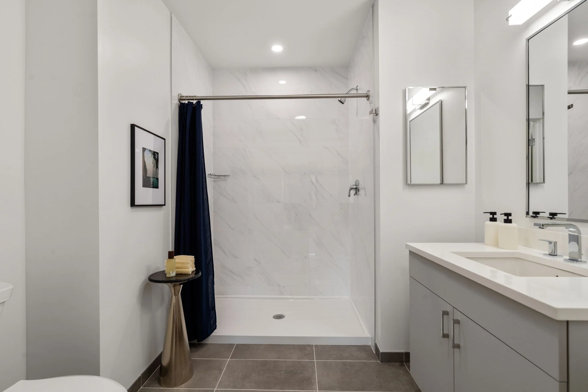 Bathroom with a walk-in shower and white vanity